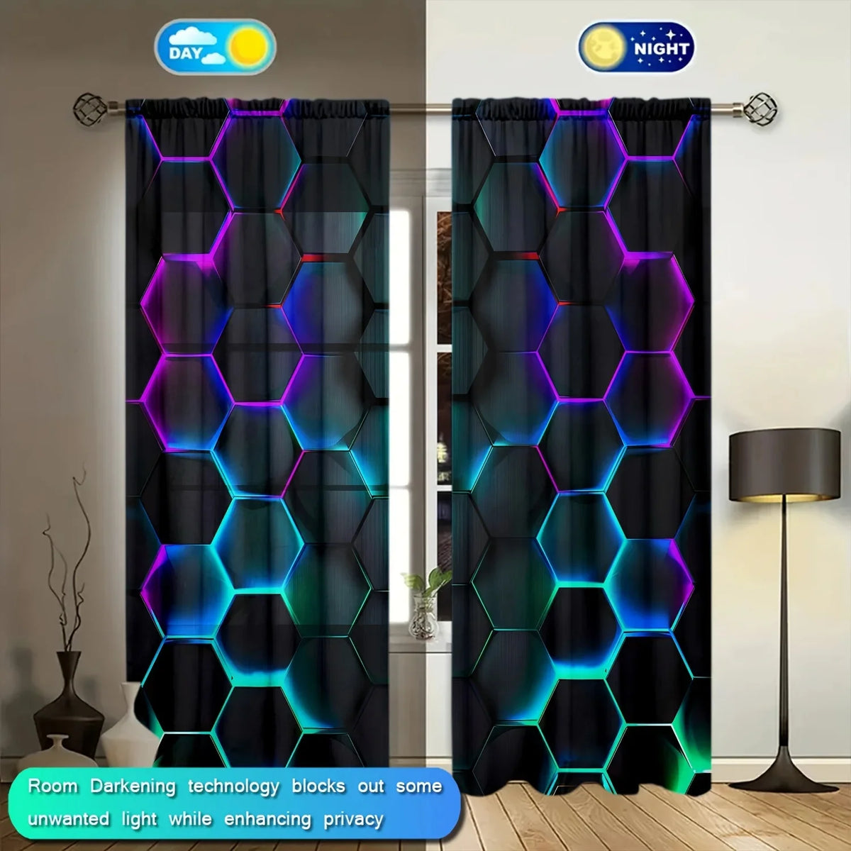 rideau moderne hexagonal lumineux noir bleu violet vert opaque 100 polyester deux pièces