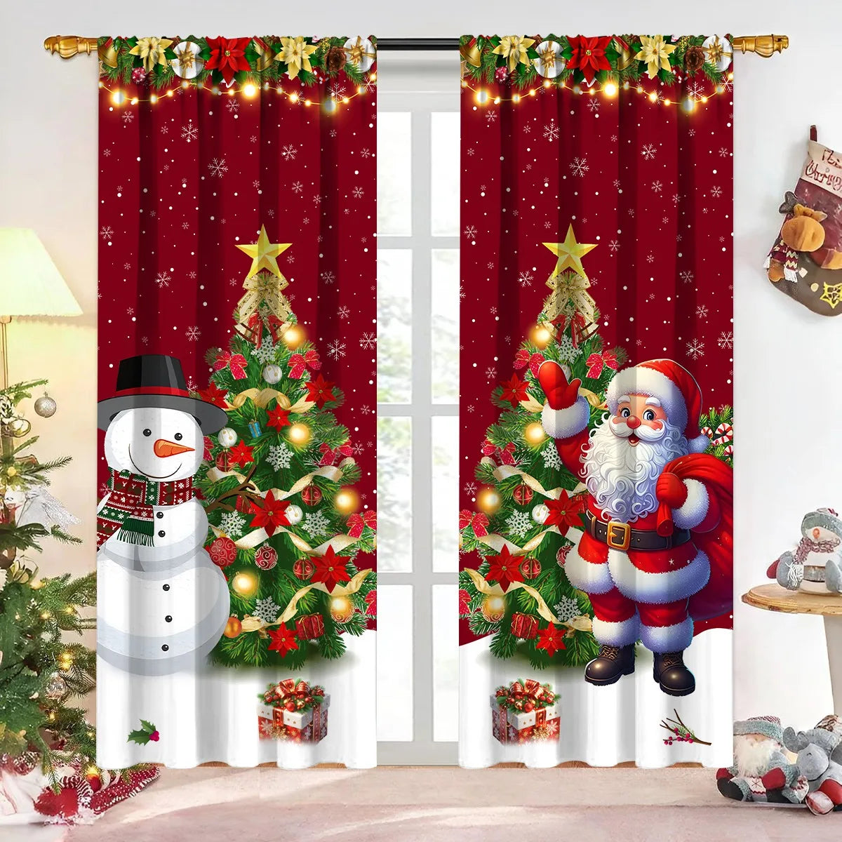 rideau noël rouge blanc santa clause arbre neige flocons guirlandes lumineuses anneaux métalliques polyester