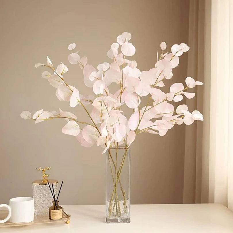 bouquet artificiel moderne feuilles ovales rose beige vertclair bleu rouge blanc vase transparentextérieur chambre