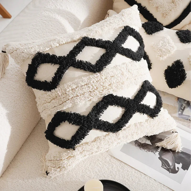 coussins géométriques blanc noir franges moderne décoration intérieure canapé salon amovible lavable polyester coton