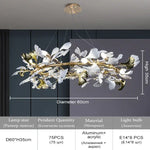 suspension lumineuse contemporaine feuilles or chaînes blanches fixations ornementales moderne