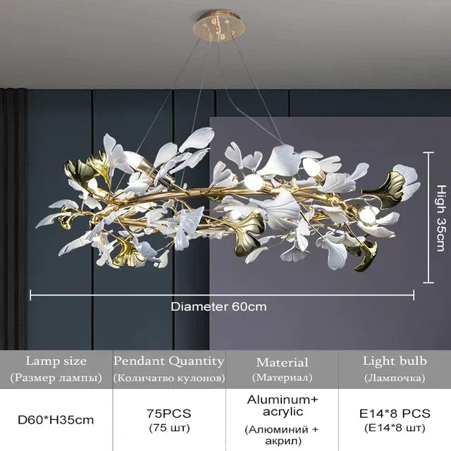 suspension lumineuse contemporaine feuilles or chaînes blanches fixations ornementales moderne