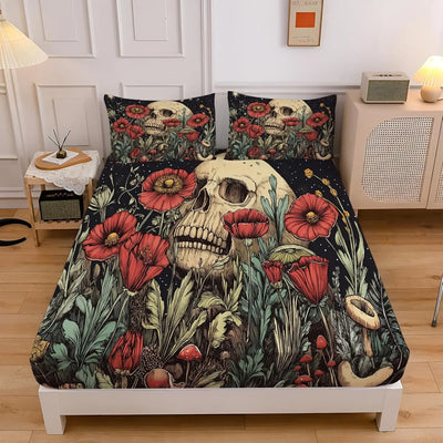 Drap-housse gothique tête de mort fleurs roses sur lit 90x190