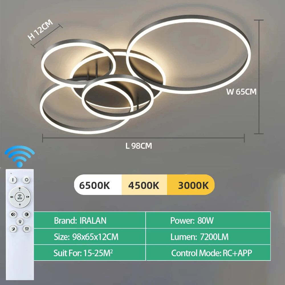lampe moderne anneaux blanc or télécommande éclairage led minimaliste facile flux lumineux variable