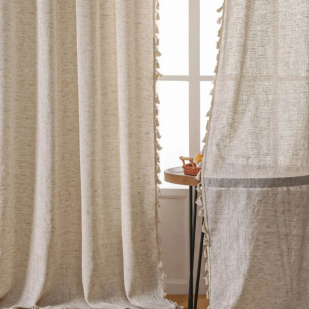 rideau boho chic beige clair tassel opacité tissage léger franges chambre salon