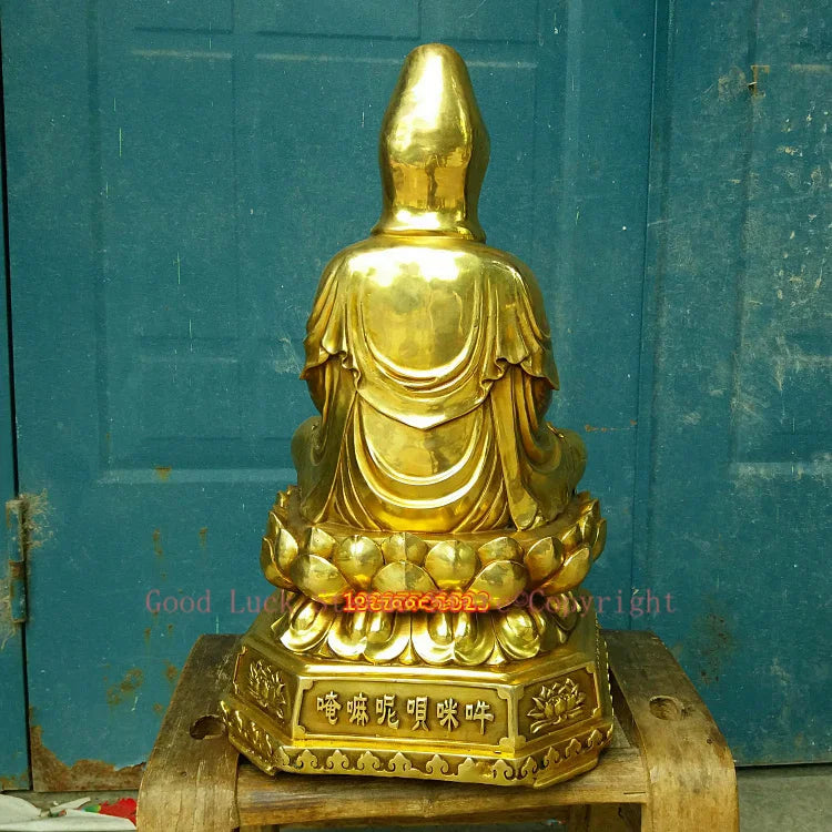 statue bouddhiste dorée or relief floral socle octogonal inscriptions chinoises traditionnelle protection maison