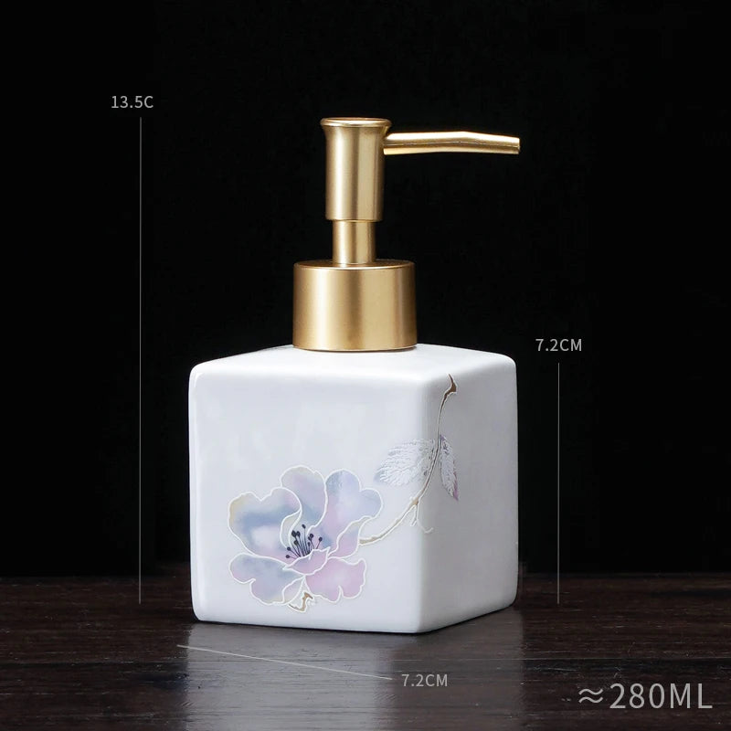 distributeur savon liquide céramique blanc bleu fleurs classique salle bains 280ml 450ml