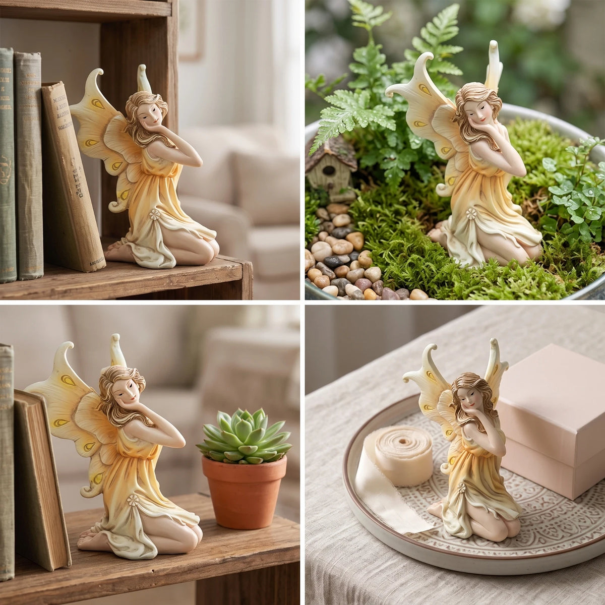 statue fée ailes pastorale fantaisie ornements jardin pot plantes succulentes mousse galets