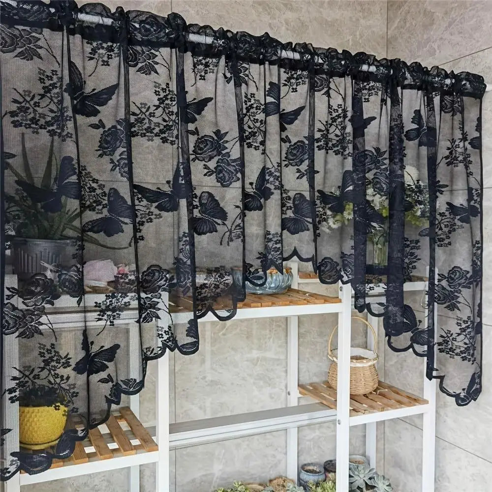 rideau noir blanc rose violet papillons fleurs transparent broderie oeilletsextérieur