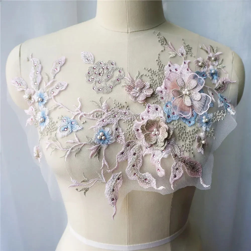 appliques textiles broderie 3d fleurs relief coton rose clair bleu clair noir coudre écologique