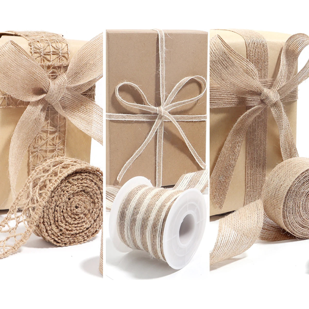 ruban décoratif toile jute motifs géométriques beige rustique artisanal emballage décoration mariage
