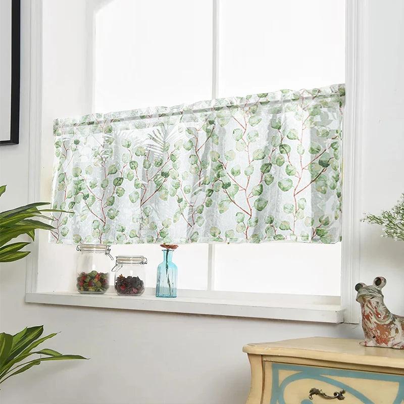 rideau moderne feuilles vertes fond blanc polyester translucide maison 80cm