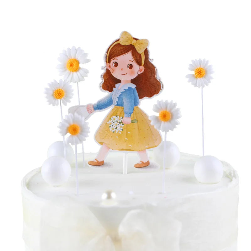 décoration anniversaire mariage figurines dessin animé fleurs rubans transparents piques bleu jaune rose