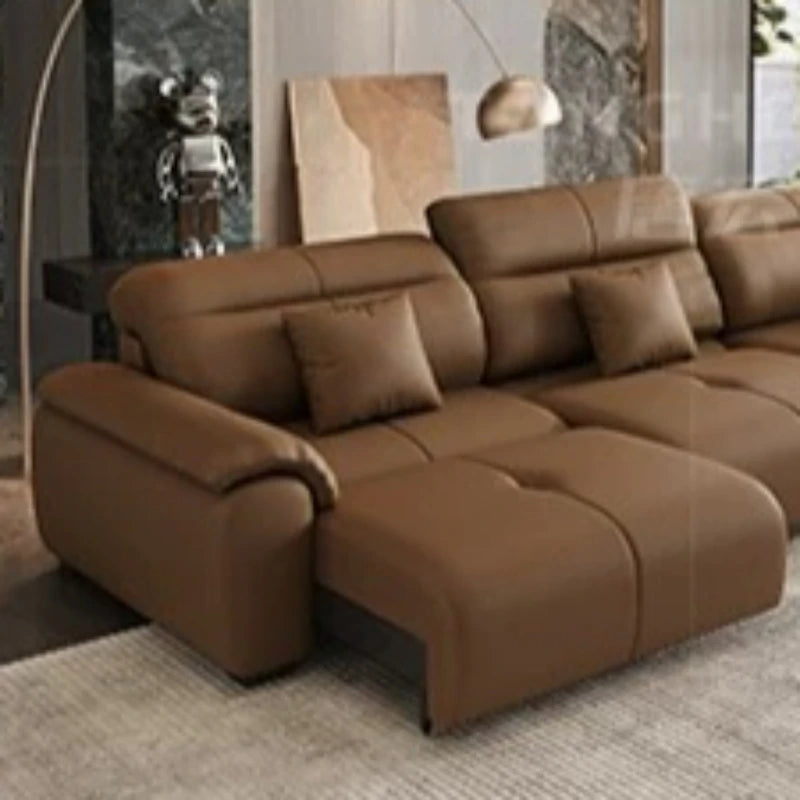 canapé d'angle bois contemporain marron coussins inclinable téléscopique salon maison