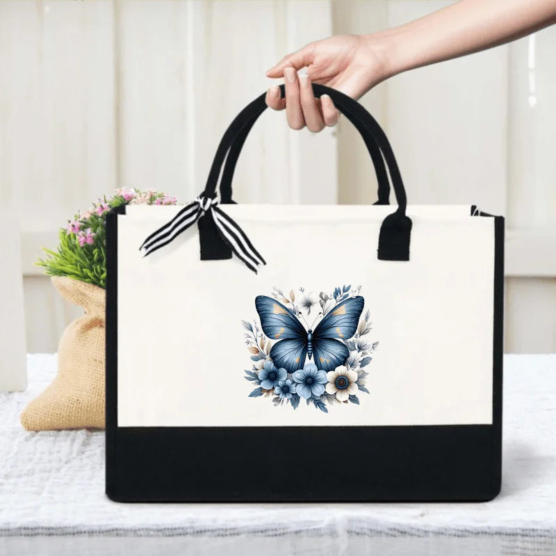 sac main toile papillon bleu fleurs moderne beige noir zippé utilisation multiple respectuevironnement