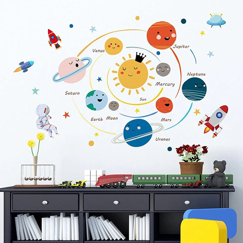 décoration murale stickers planètes astronautes fusées géométrique enfantin multicolore playroom preschool classroom