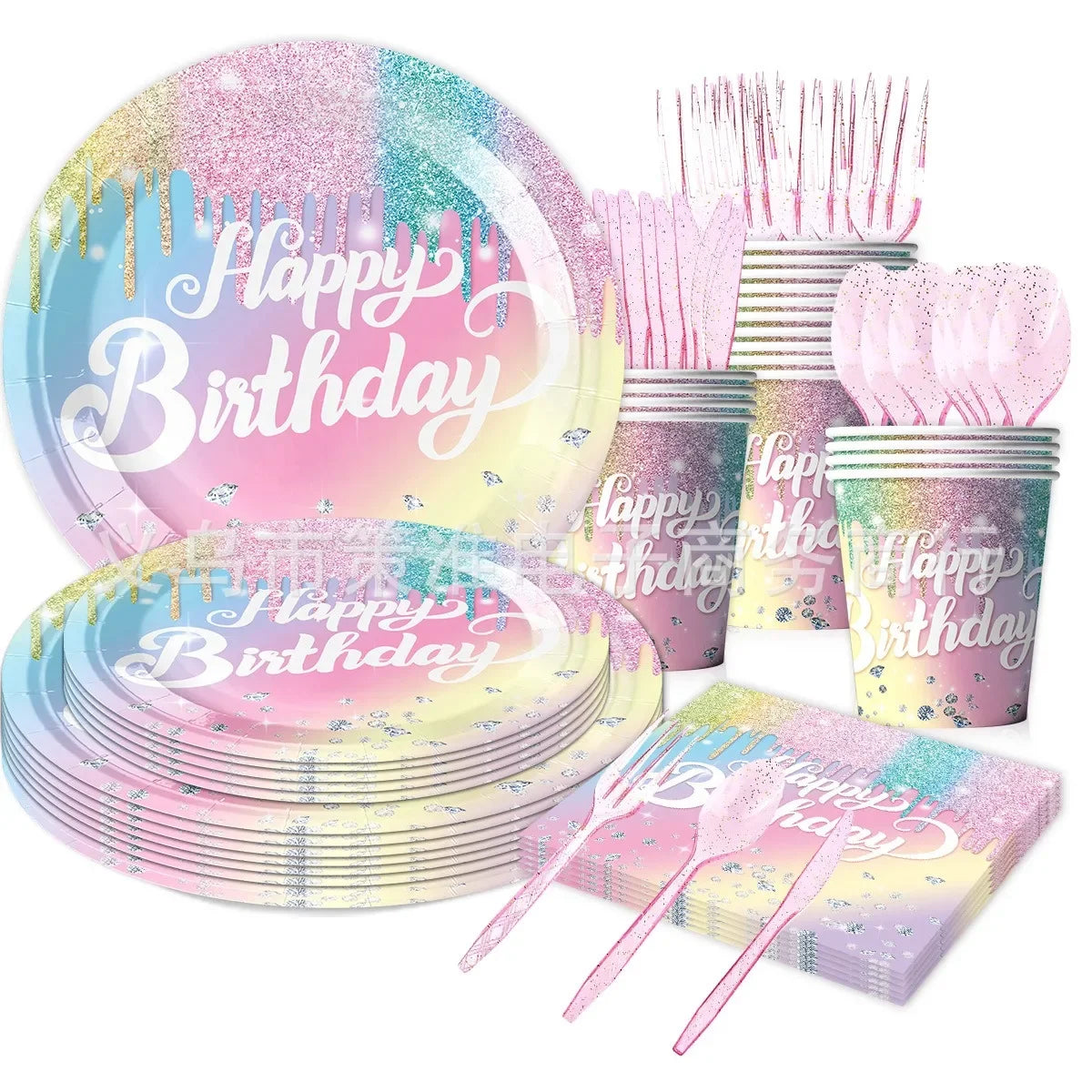assiettes pailletées multicolores serviettes gobelets nappe festive anniversaire filles papier décorative effet gouttelettes colorées