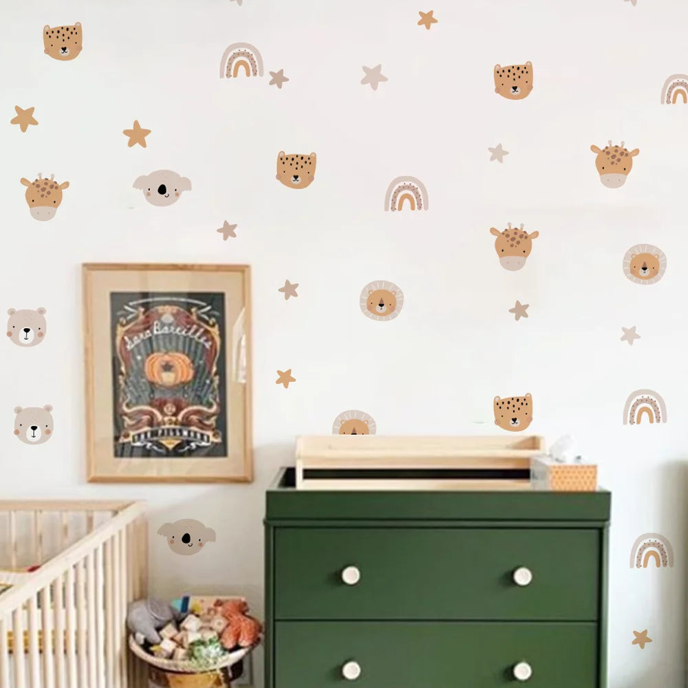sticker mural dessin animé animaux étoiles arc ciel chambre enfant décoration mur adhésif vintage