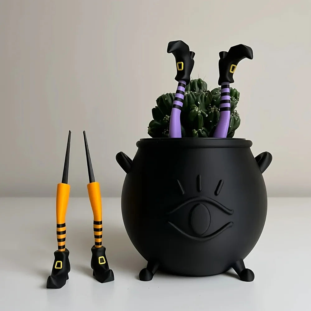 décoration jardin sorcière orange noir talons dorés rayures halloween adhésif pot fleurs fantaisie