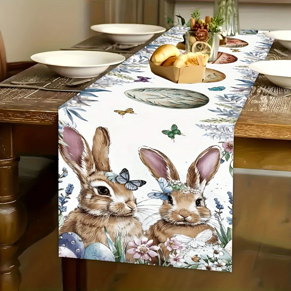 tableau chemin table illustratif lapins fleurs printemps blanc marron bleu vert rose