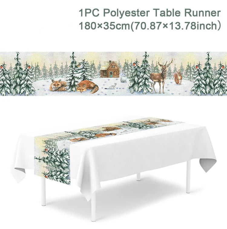 table noel chemin blanc motif flocon renne decoration festive polyester