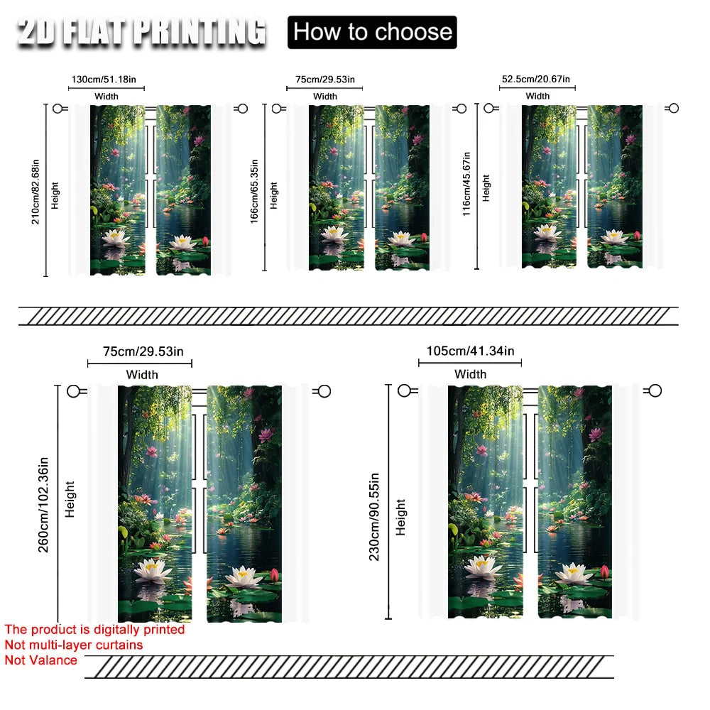 rideau polyester paysage forêt fleurs lotus moderne opacité vert blanc rose