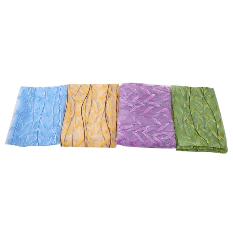 rideaux voilage feuilles stylisées vert jaune bleu violet décoratifs translucides fenêtre chambre salon