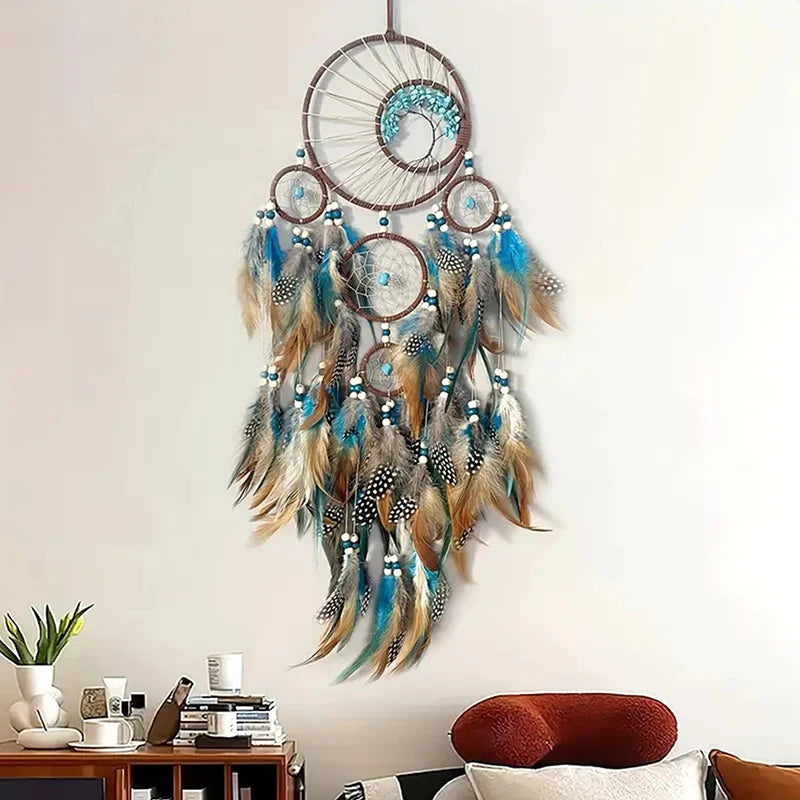 attrape rêves ethnique boho chic plumes fil suspension murale décoration bois marron bleu beige