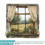 autocollant mural vintage paysage fenêtre volets bleus plantes vertes guirlande fleurs chat niche naturel