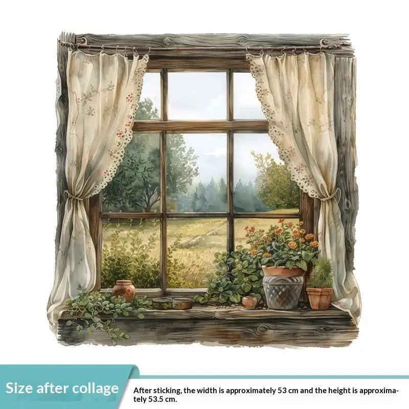 autocollant mural vintage paysage fenêtre volets bleus plantes vertes guirlande fleurs chat niche naturel