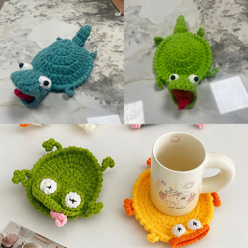 coasters crochetés motifs animaux créatifs opaques vert bleu jaune blanc dinosaure oiseau écologiques