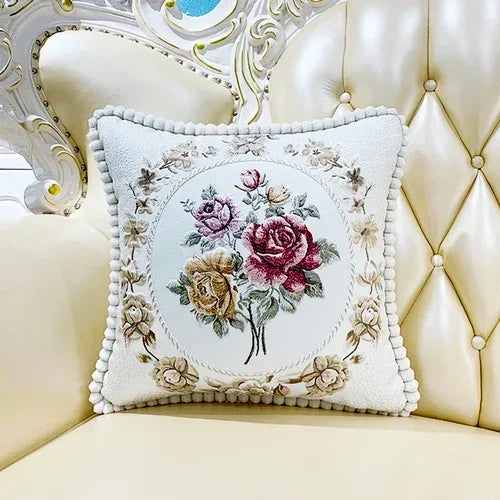 coussin carré brodé fleurs pompons élégant lavable 40x40cm 58x58cm polyester coton