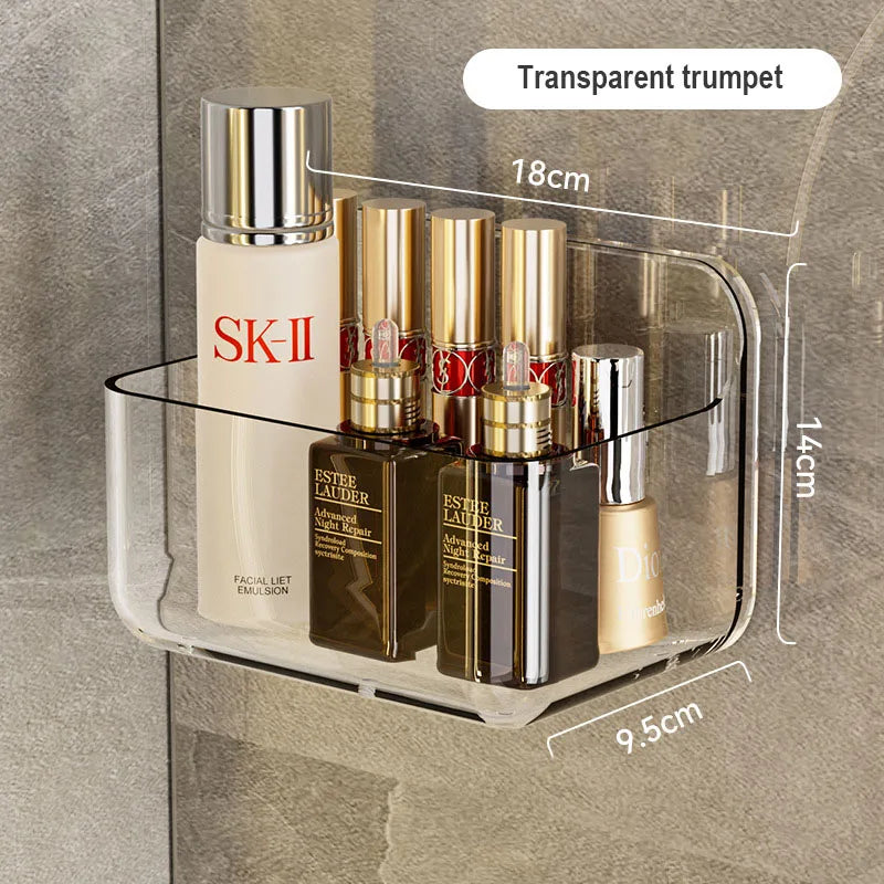 rangement mural adhésif transparent étagère salle bain organisation produits cosmétiques bouteilles minimalistestyle moderne
