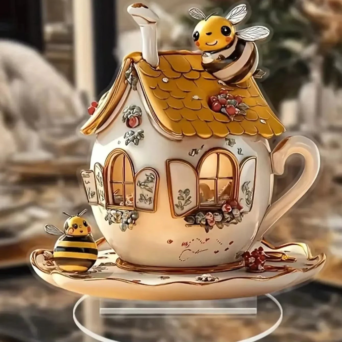 décoration murale maisonnette abeilles cheminée soucoupe base acrylique blanc jaune marron doré fantaisiste