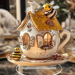 décoration murale maisonnette abeilles cheminée soucoupe base acrylique blanc jaune marron doré fantaisiste
