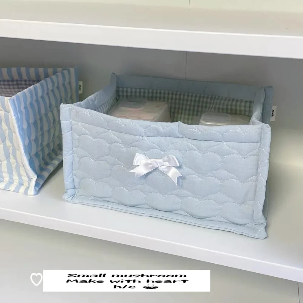 paniers rangement coton pois carreaux rayures ours rose clair blanc bleu clair beige texturé