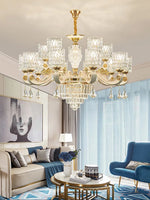 lustre led cristal ornementation dorée contemporain salon salle manger villa