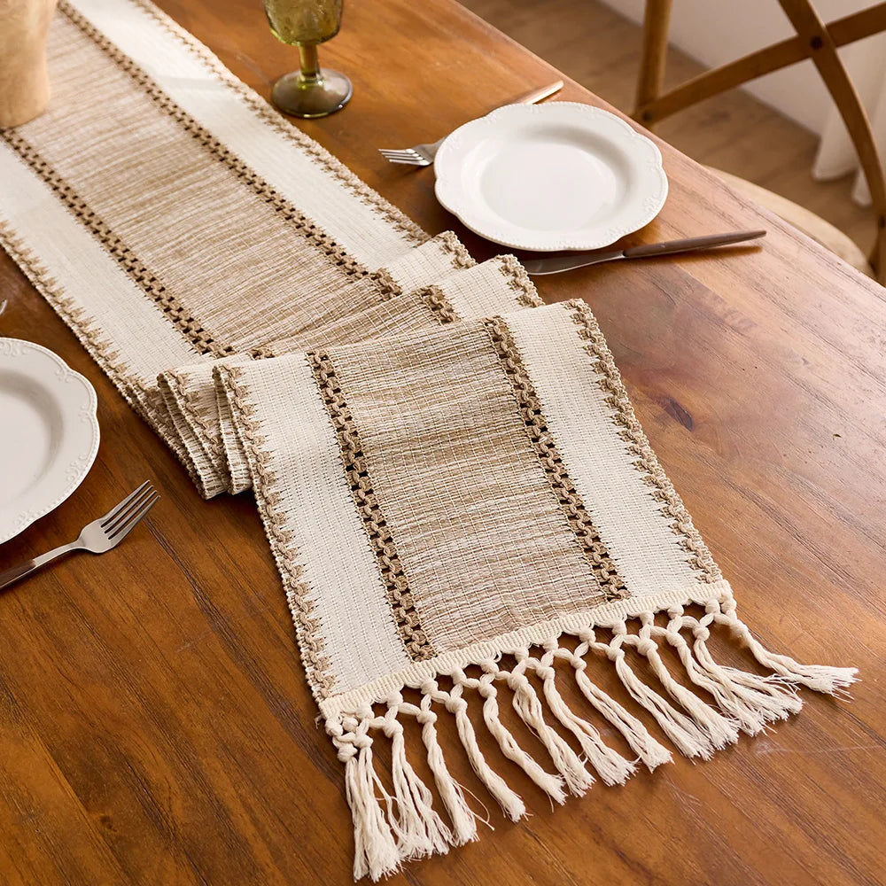 chinois boho chic chemin table géométrique franges beige clair tissé durable maison hiver été