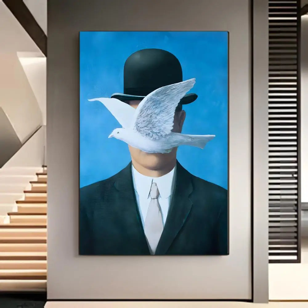 tableau moderne son of man ren magritte noir blanc gris bleu vert marron orange
