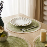 tapis table rond franges tissées beige blanc moderne respectueux environnement