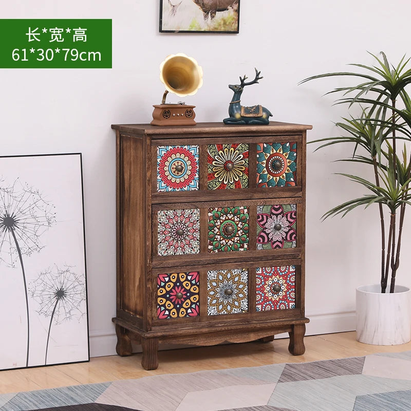 commode vintage rustique tiroirs floraux bois foncé organisateur chambre coucher bois massif