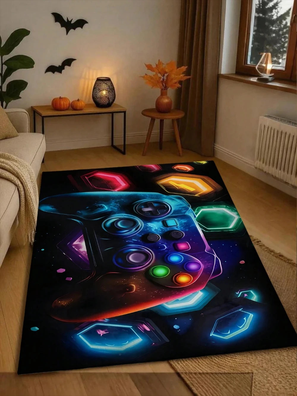 tapis jeu chambre garçon motif manette gamer flammes bleu violet décoratif antidérapant lavable