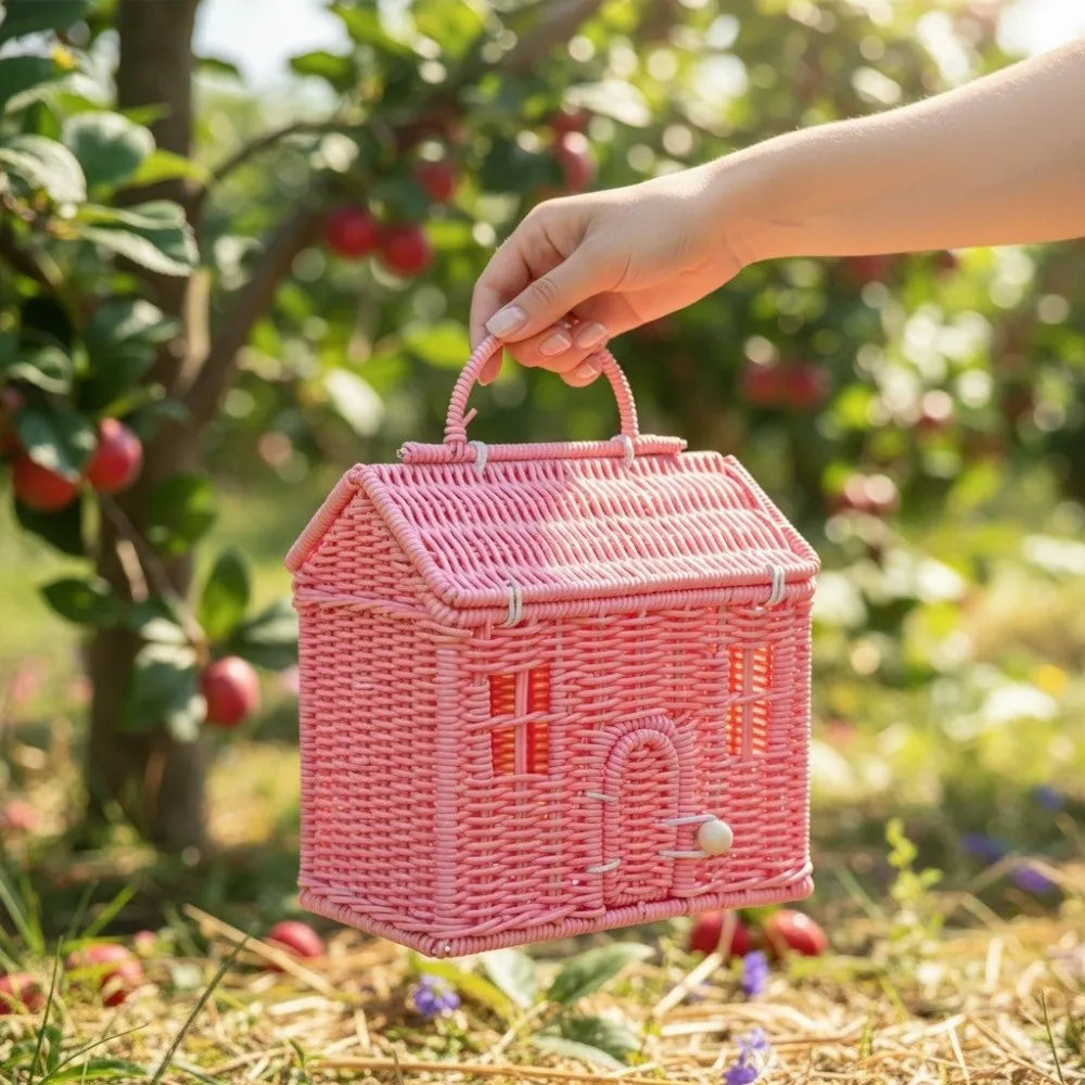 panier tressé forme maison rose naturel transparent poignée occasionnellement décoré fleurs fruits vintage champêtre