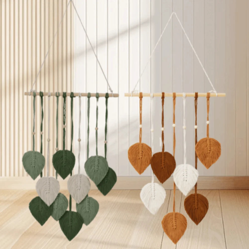 mobile mural vert blanc feuilles motif main tissée suspension simple decoration