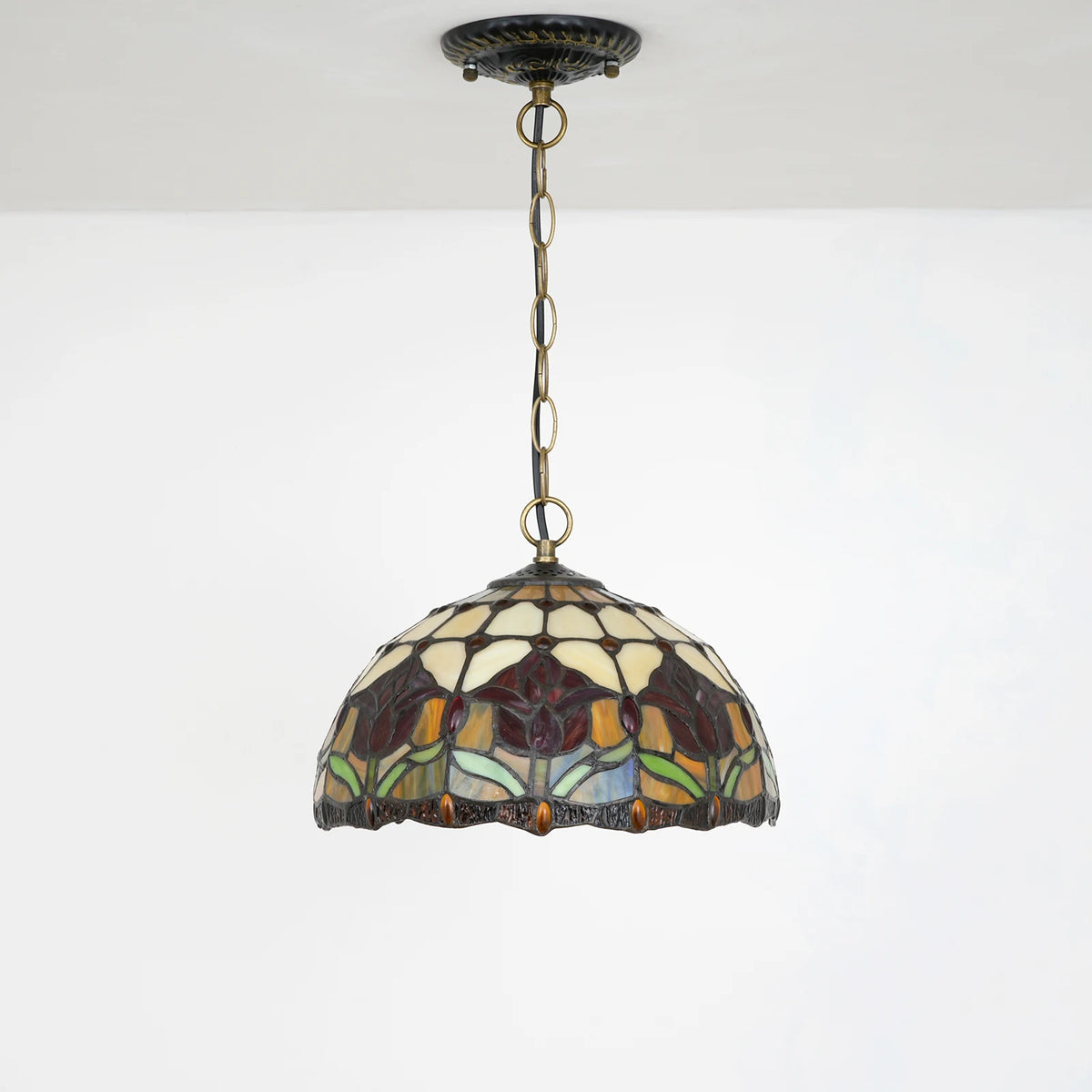 lampe suspendue tiffany fleurs stylisées multicolore rouge orange jaune vert noir adjustable chambre cuisine