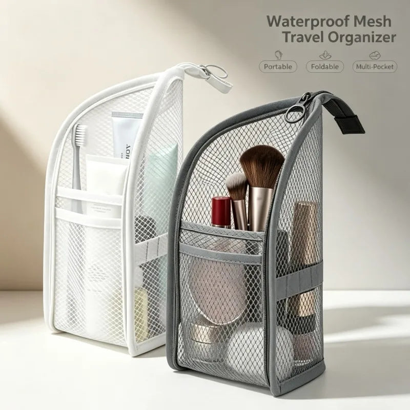 organisateur voyage toile maille eva imperméable cordon serrage brosse dents rasoir crèmes bouteille parfum