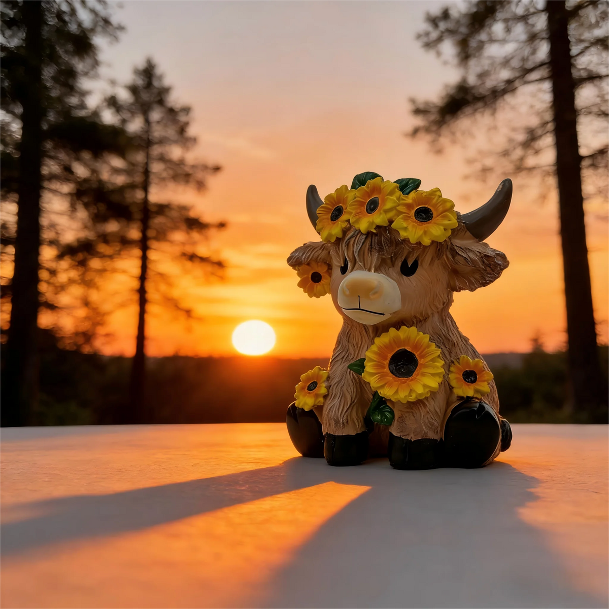 statuette vache highland résine fleurs tournesol couronne tissu carreaux décoration rustique mignonne pastorale chambre