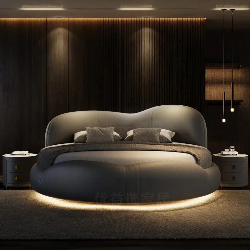 lit rond moderne tête rembourrée éclairage led tables chevet gris clair taupe
