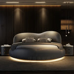 lit rond moderne tête rembourrée éclairage led tables chevet gris clair taupe