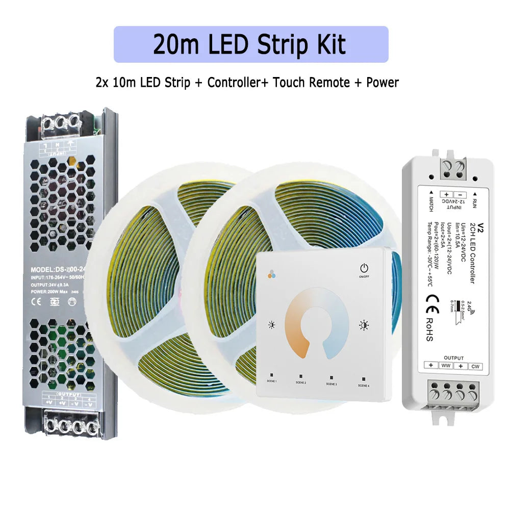 ruban led blanc lisse moderne adhésif contrôleur câbles 2700k 4000k 6500k 24v dimmable